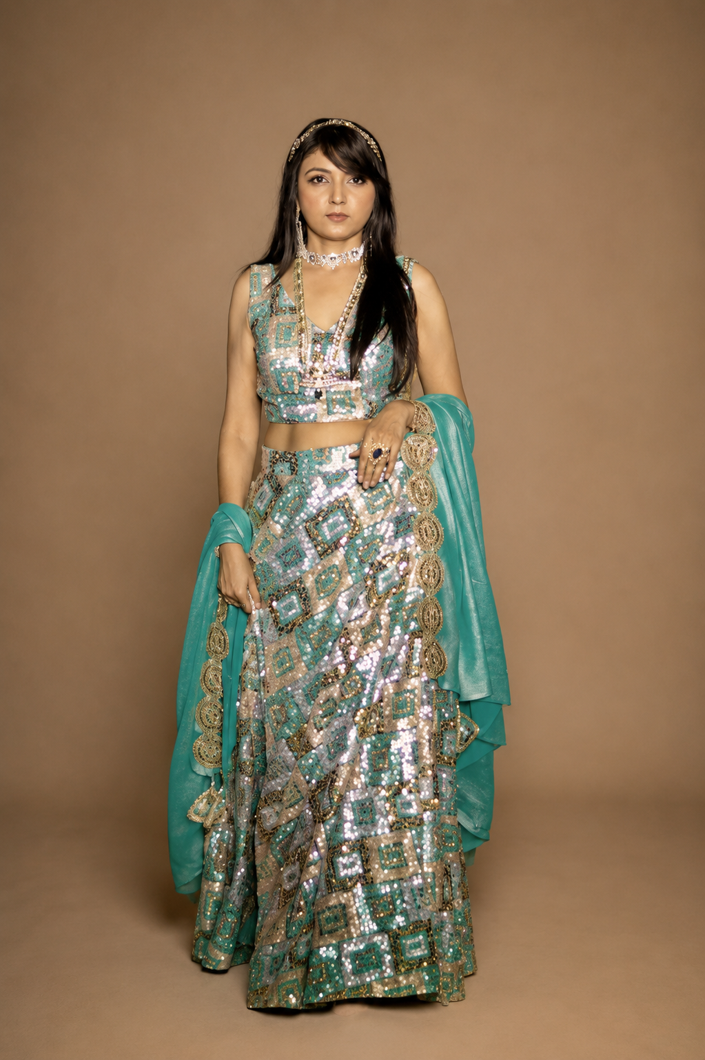 Aqua Mosaic Mirror Lehenga Set