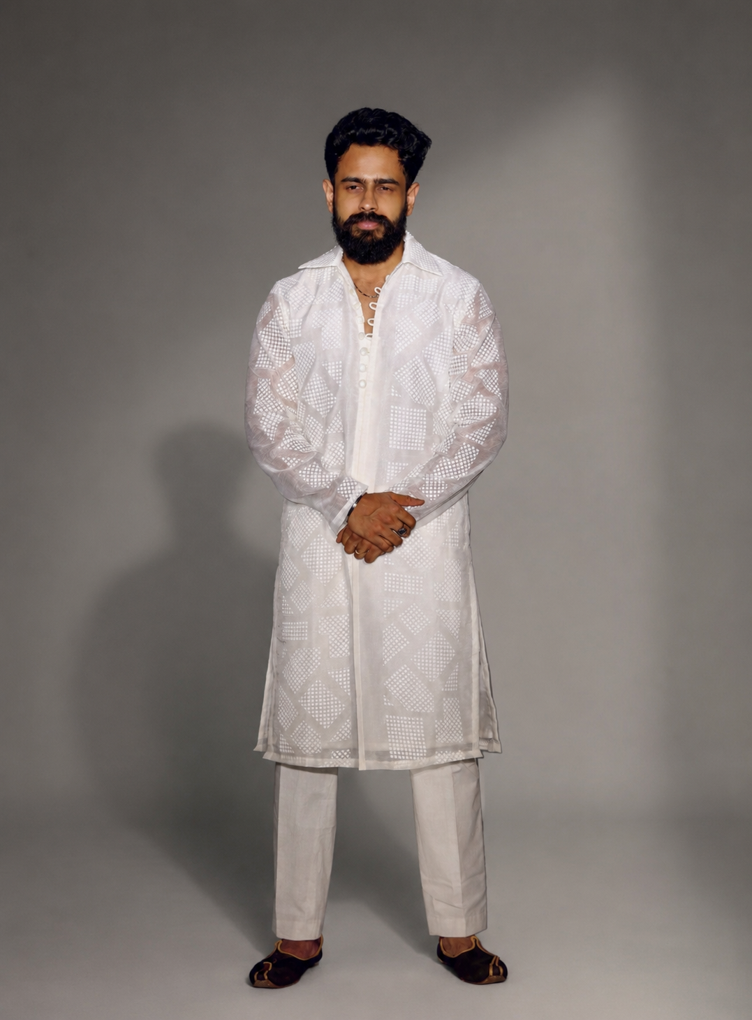 White Geometric Sheer Kurta Ensemble