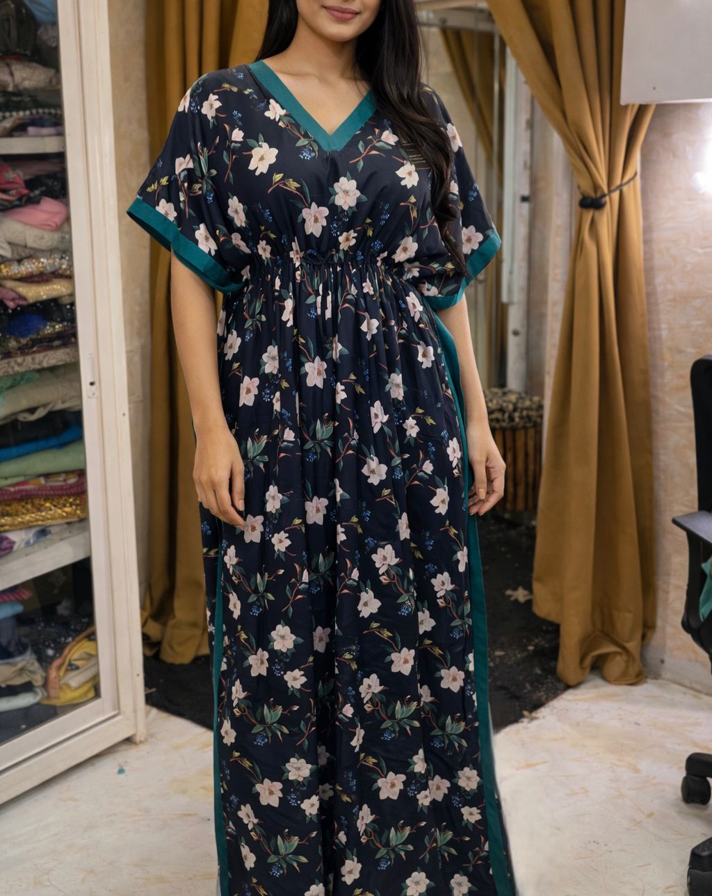 Midnight bloom Satin Kaftan Night Dress